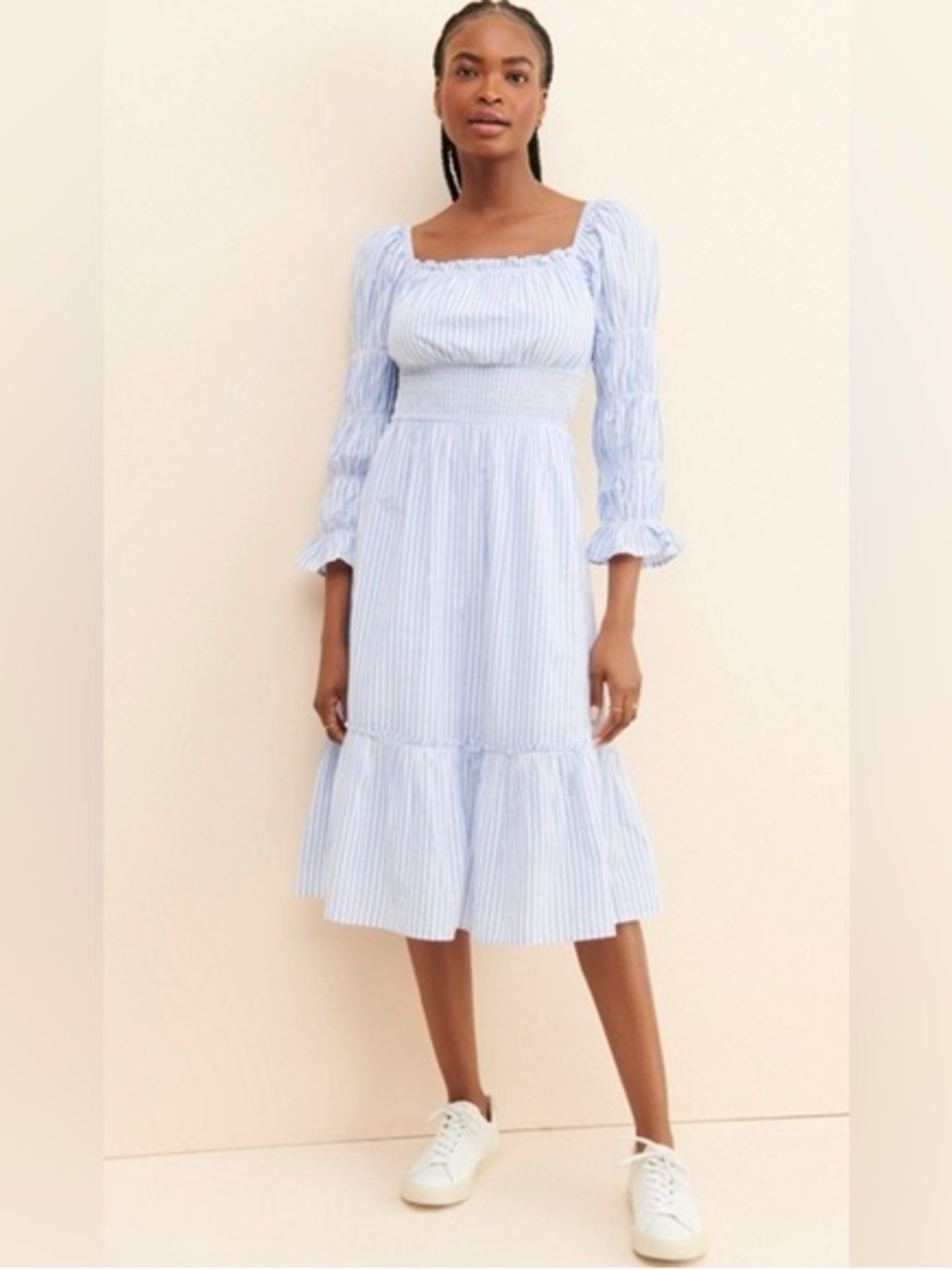 Rahi Anthropologie Blue White Stripe Smocked Nap Dress Large